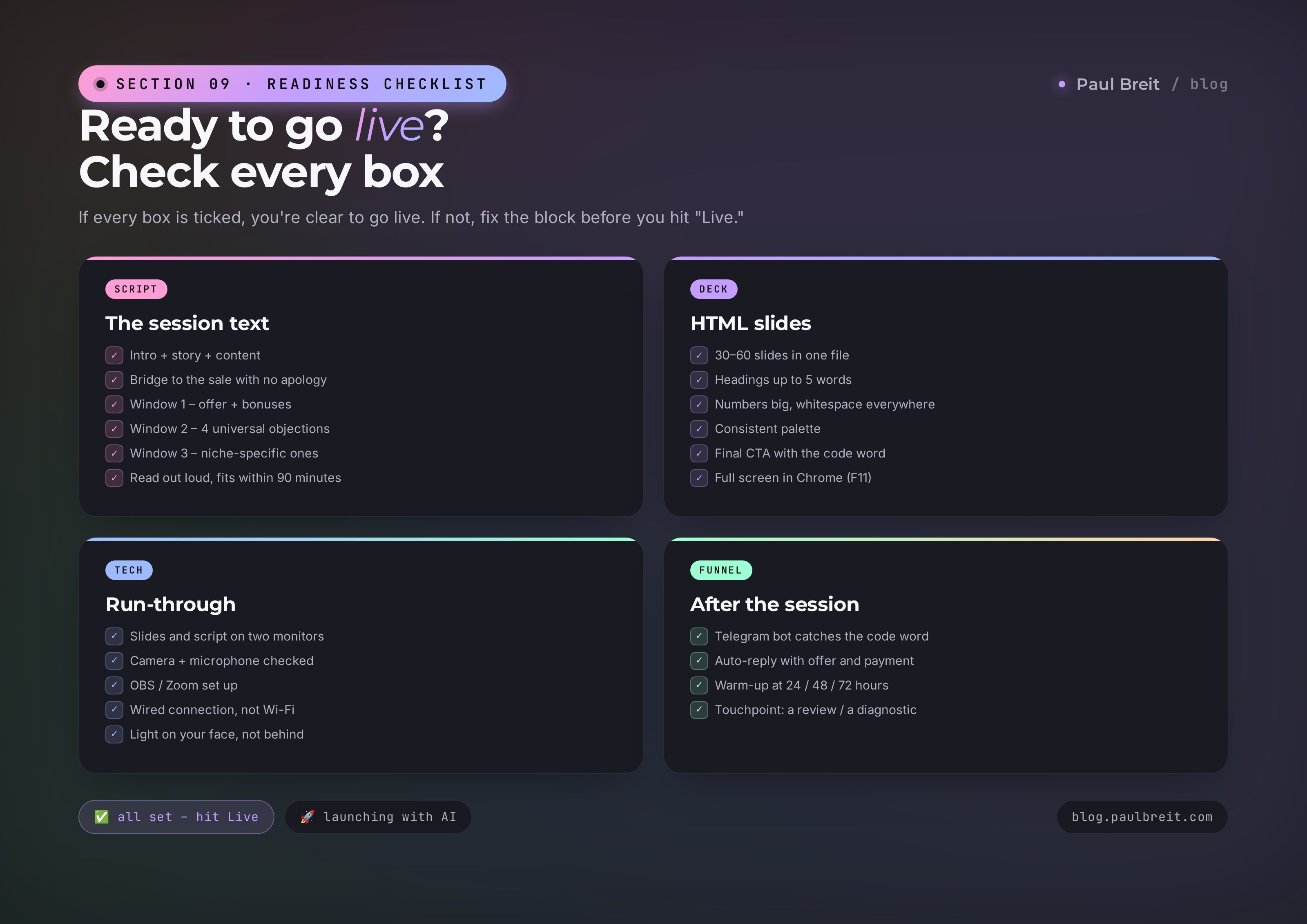Go-live readiness checklist for a sales webinar