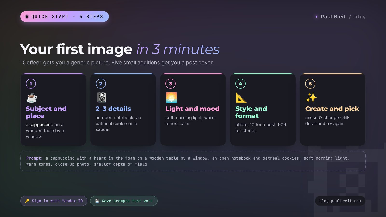 Your first Shedevrum image in 3 minutes: subject, details, light, style, and format