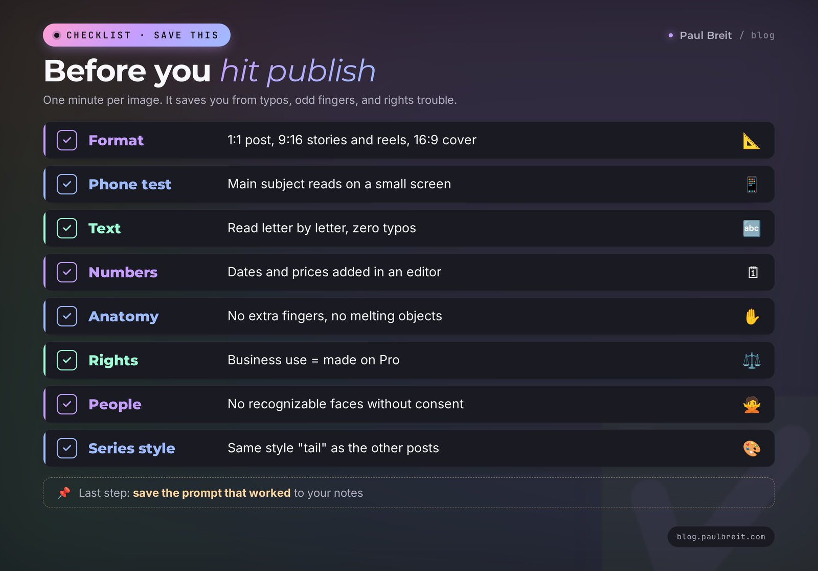 Pre-publish checklist for an AI image: format, text, rights, people, series style