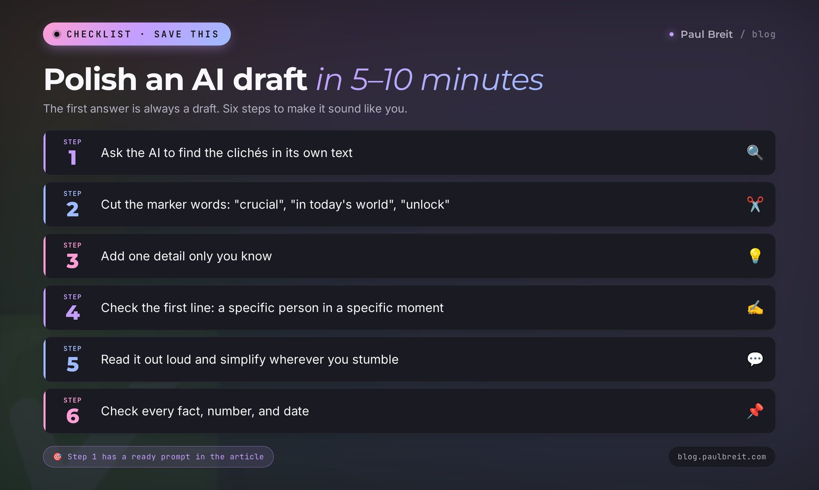 Checklist: 6 steps to polish an AI draft into a living post