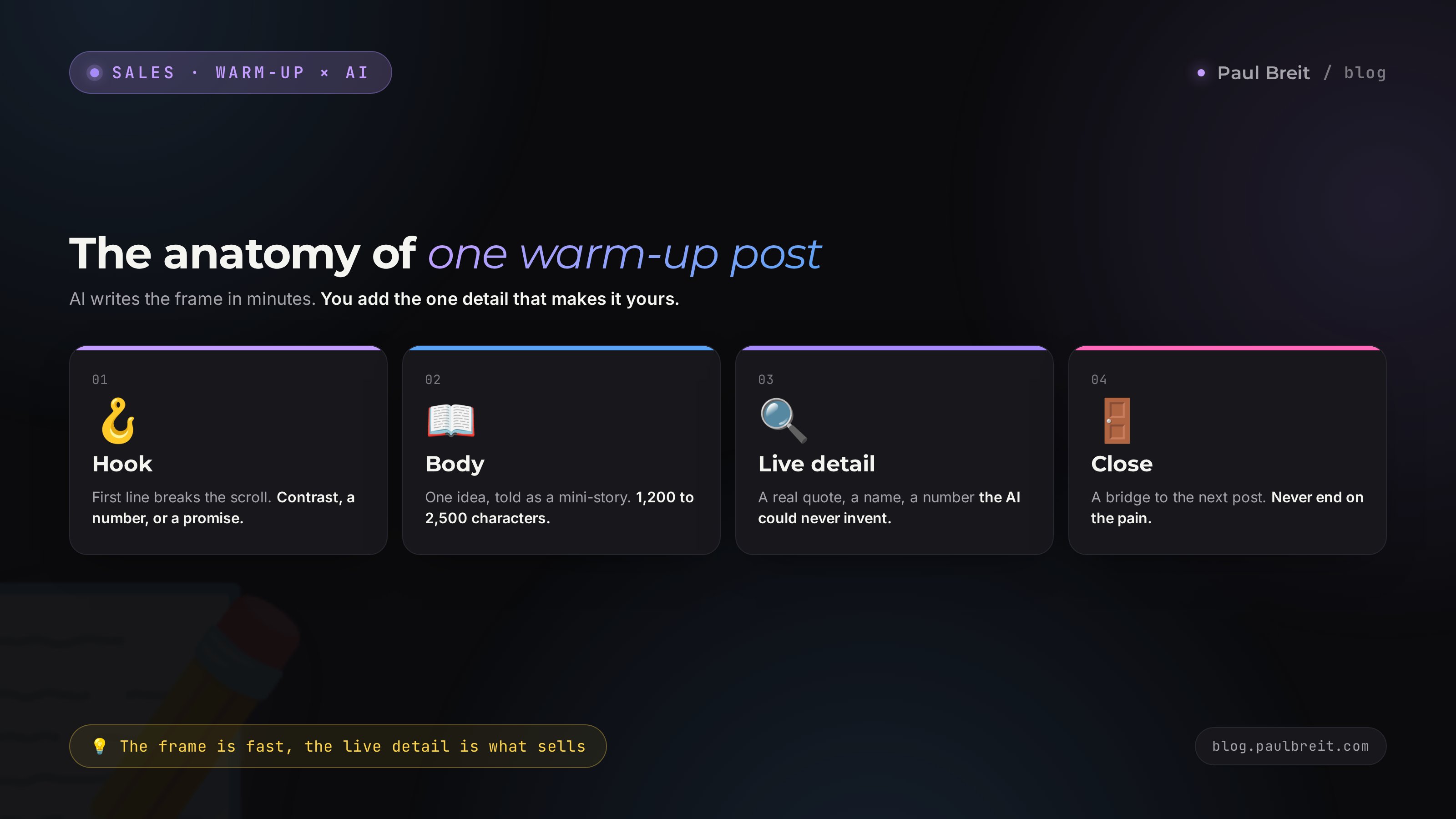 The structure of the five warm-up posts: job, hook, body, and finish of each post