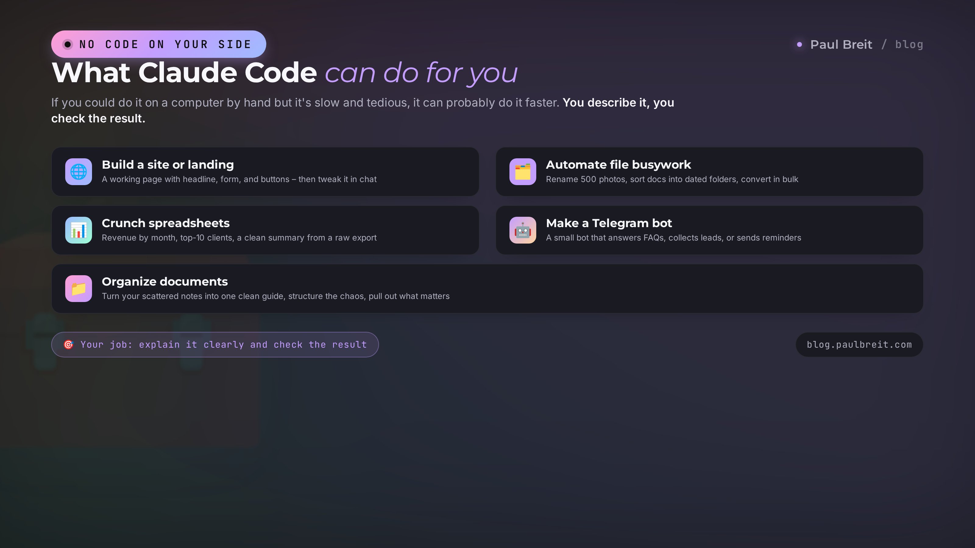 What Claude Code can do: build a site, automate file busywork, crunch spreadsheets, make a bot, organize documents